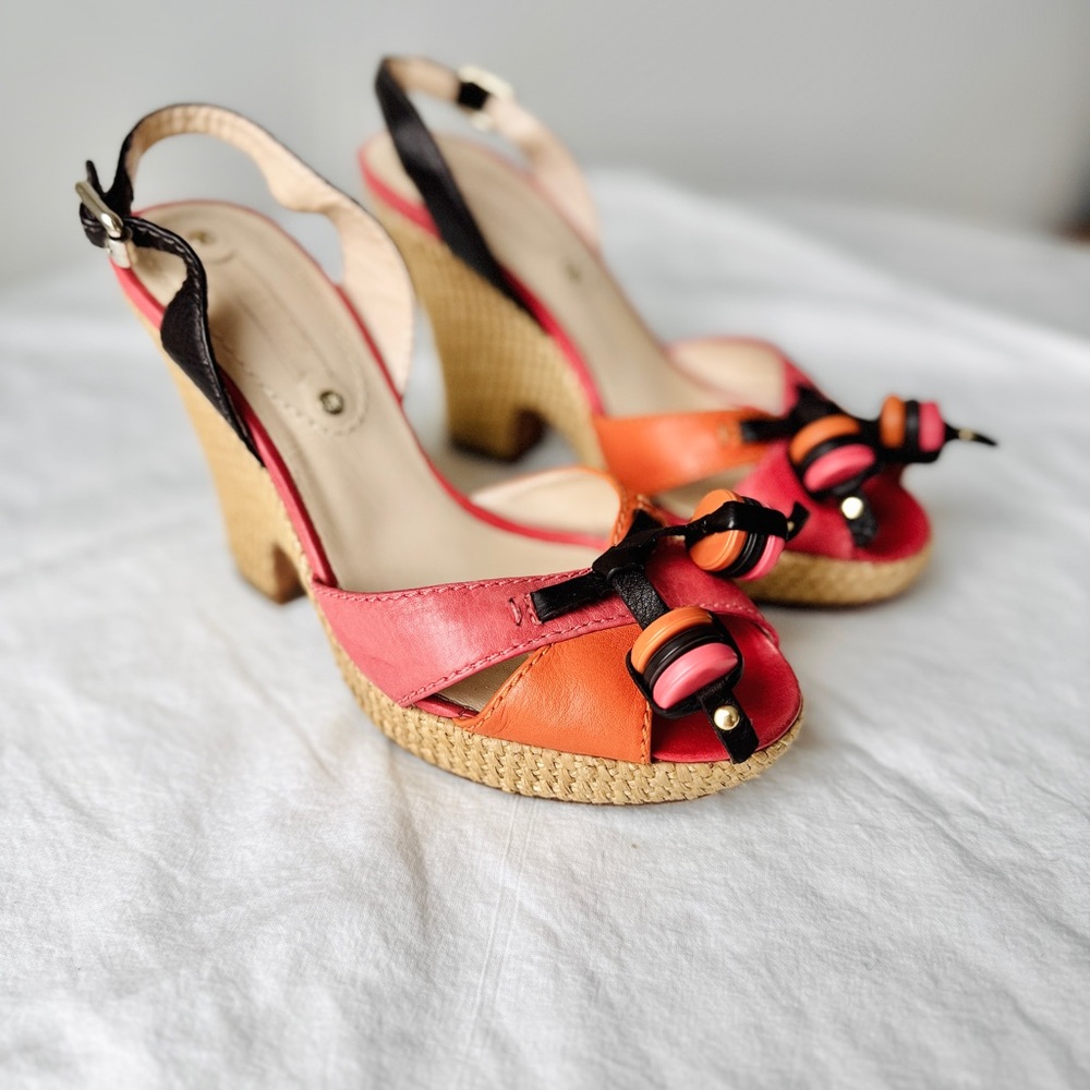CELINE Espadrilles Wedge Slingback Sandals in Pink Orange and Black